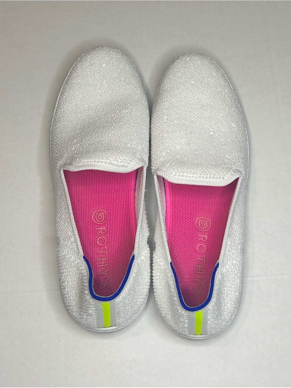 Rothy's White Slip-On Terrycloth Sneakers w/ Pink Insole Blue & Neon Trim